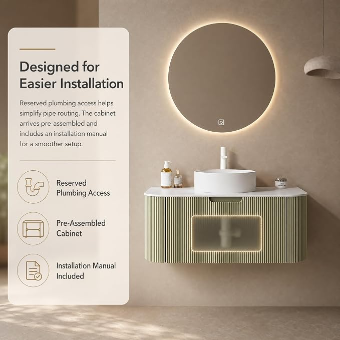 36 Inch Bathroom Vanity with Sink, Floating Wall Mounted Single Sink Vanity, Sage Green Curved Fluted Front, Stone Top, Pure White Round Vessel Basin, Pre-Assembled