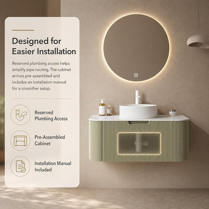 36 Inch Bathroom Vanity with Sink, Floating Wall Mounted Single Sink Vanity, Sage Green Curved Fluted Front, Stone Top, Pure White Round Vessel Basin, Pre-Assembled