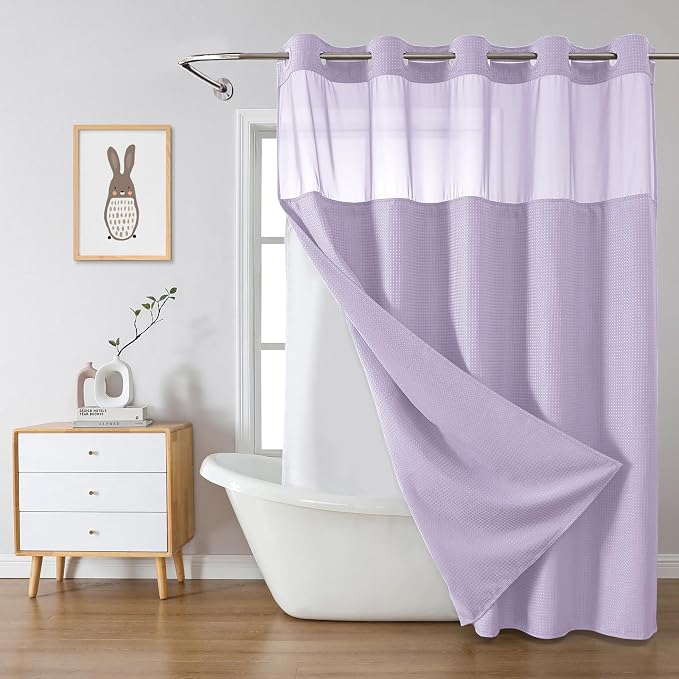 No Hook Waffle Shower Curtain with Snap-in Liner, 71x77 Inch, Lavender | 230 GSM waffle weave fabric, waterproof liner set with 2 bottom magnets, mesh top window, washable, for bathroom or hotel use