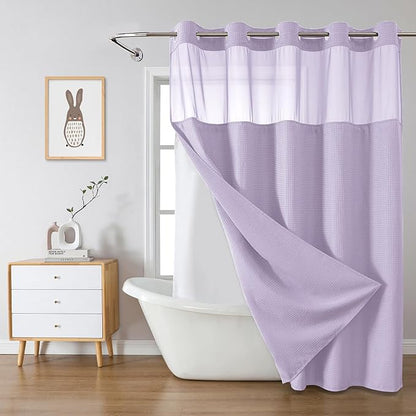 No Hook Waffle Shower Curtain with Snap-in Liner, 71x74 Inch, Lavender | 230 GSM waffle weave fabric, waterproof liner set with 2 bottom magnets, mesh top window, washable, for bathroom or hotel use