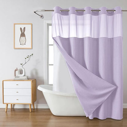 No Hook Waffle Shower Curtain with Snap-in Liner, 71x80 Inch, Lavender | 230 GSM waffle weave fabric, waterproof liner set with 2 bottom magnets, mesh top window, washable, for bathroom or hotel use