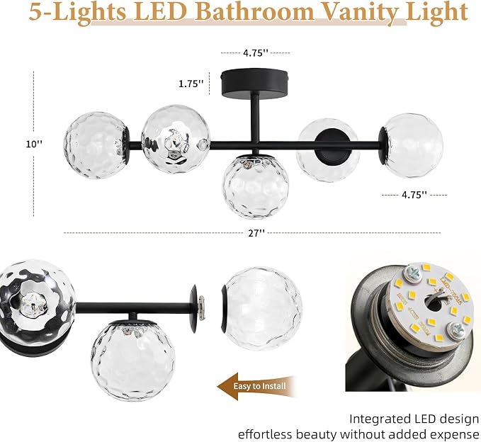 LED Bathroom Vanity Light Fixtures,Modern Black Makeup Bathroom Lighting | 5 Lights Hammered Clear Globe Glass Wall Sconce,Dimmable Mid Century Modern Bubble Glass Bathroom Vanity Lights over Mirror