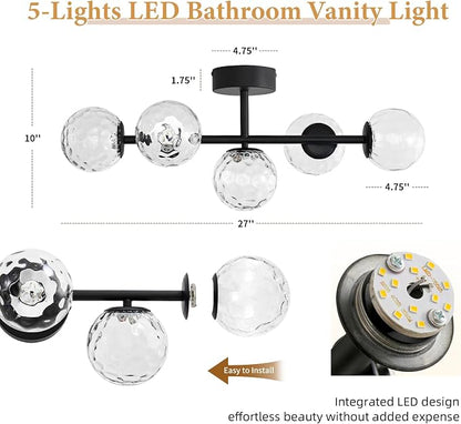 LED Bathroom Vanity Light Fixtures,Modern Black Makeup Bathroom Lighting | 5 Lights Hammered Clear Globe Glass Wall Sconce,Dimmable Mid Century Modern Bubble Glass Bathroom Vanity Lights over Mirror