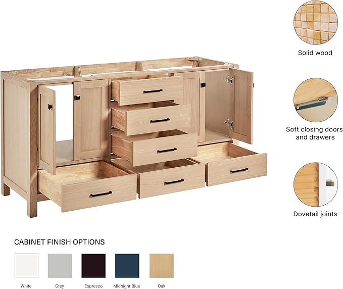 ARIEL Cambridge 66-inch Bathroom Vanity Base Cabinet,Solid Wood, 4 Soft Closing Doors, 6 Dovetail Drawers, White Oak