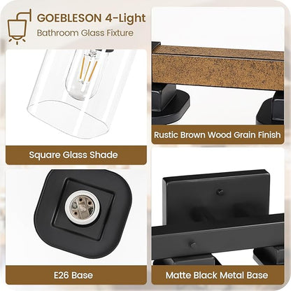 4-Light Bathroom Light Fixtures, Farmhouse Vanity Lights for Bathroom with Glass Square Shade, Rustic Vanity Lights, Sconce Wall Light, E26 Base (Bulbs Not Included), ETL Listed FS09BD05