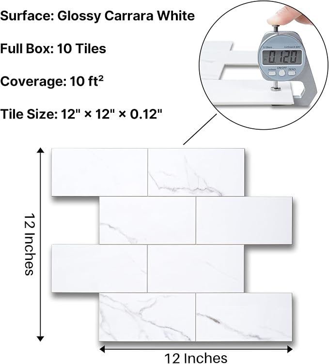 Luxury 10-Sheet Peel and Stick Backsplash,Self Adhesive Faux Stone 12”x12” White Subway Tile for Kitchen,Glossy Waterproof Carrara Brick Marble Look,Stick on Accent Wall for Bathroom,Bedroom