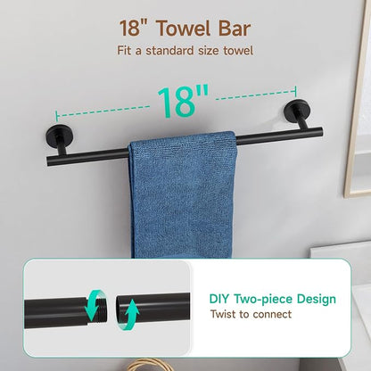 4PCS Matte Black Bathroom Accessories Set, 18-Inch Towel Bar Set | Durable SUS304 Stainless Steel Bathroom Hardware Set, Towel Racks for Bathroom Wall Mounted, Modern Home Decor