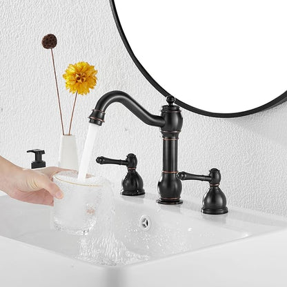 GGStudy 2 Handles 3 Holes Faucet Widespread Bathroom Sink Faucet Basin Tap Mixer Supply Hose Included Matching Pop Up Drain Oil Rubbed Bronze