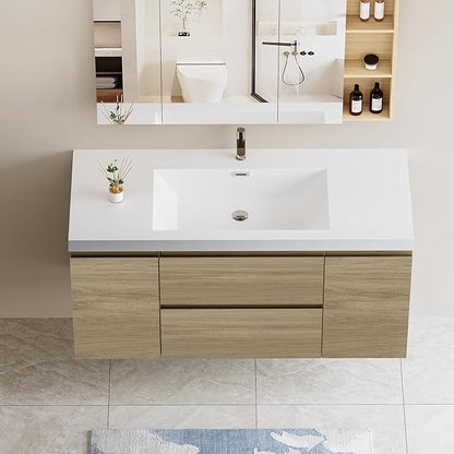 48 Inch Floating Bathroom Vanity with Single Sink, Modern Wall-Mounted Bathroom Vanity Storage Cabinet Organizer with 2 Soft Closing Doors and 2 Drawers (Natural Oak)