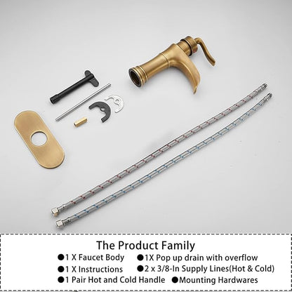Waterfall Bathroom Faucet Antique Brass GGStudy Single Handle One Hole Farmhouse Bathroom Vanity Faucet Basin Mixter Tap Deck Mount with Drain Assembly