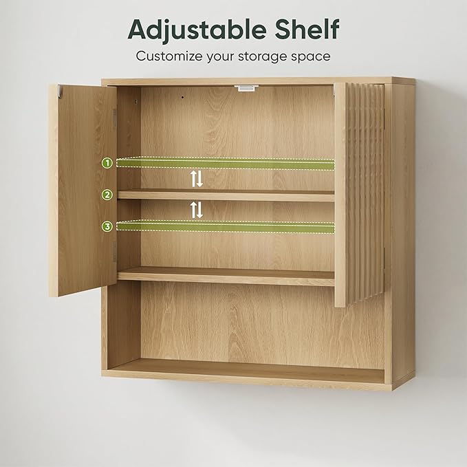 Bathroom Wall Storage Cabinet with Fluted Doors, Medicine Cabinet with Adjustable Shelf, Over The Toilet Storage Cabinet for Laundry Room & Kitchen & Living Room, Natural Oak