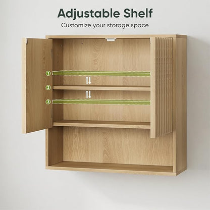 Bathroom Wall Storage Cabinet with Fluted Doors, Medicine Cabinet with Adjustable Shelf, Over The Toilet Storage Cabinet for Laundry Room & Kitchen & Living Room, Natural Oak