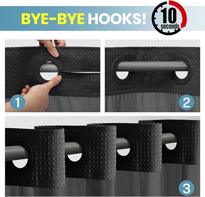 SORTTO No Hook Shower Curtain with Snap in Liner Set Waffle Shower Curtain for Bathroom Hotel Style Fabric Waterproof Inner Liner，71" W x 86" H, Black
