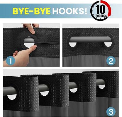 SORTTO No Hook Shower Curtain with Snap in Liner Set Waffle Shower Curtain for Bathroom Hotel Style Fabric Waterproof Inner Liner，71" W x 86" H, Black