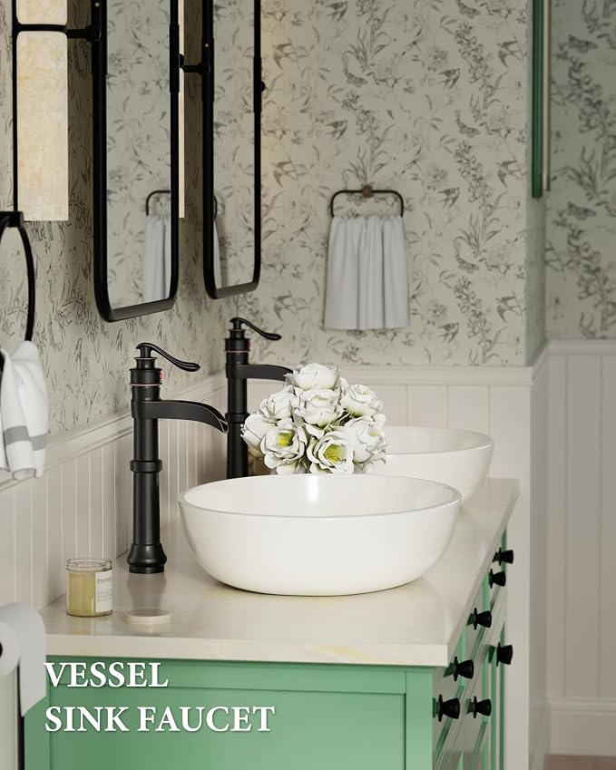 Homevacious Oil Rubbed Bronze Waterfall Vessel Sink Tall Black | Single Handle Bath Basin Farmhouse with Pop Up Drain Assembly Lavatory One Hole Mixer Tap Without Overflow