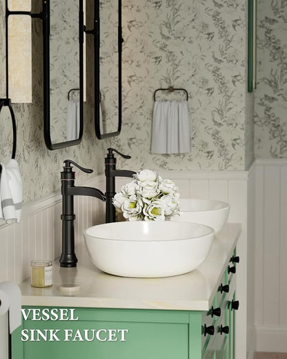 Homevacious Oil Rubbed Bronze Waterfall Vessel Sink Tall Black | Single Handle Bath Basin Farmhouse with Pop Up Drain Assembly Lavatory One Hole Mixer Tap Without Overflow