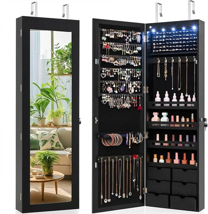 Giantex Wall Door Mounted Jewelry Cabinet with Full Length Mirror, Lockable Over Door Jewelry Armoire with LED Lights, 47.5" Large Jewelry Storage Organizer with 6 Drawers, Black