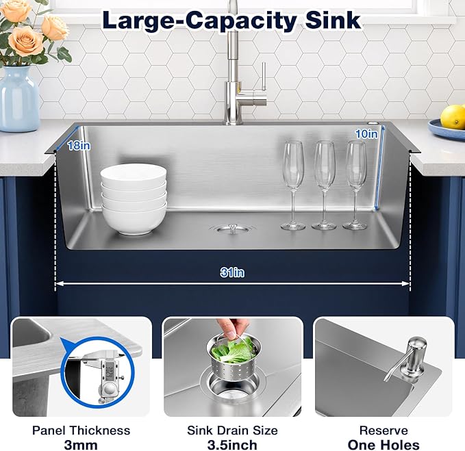 33x22 Inch Topmount or Drop In Kitchen Sink Worktation, Stainless Steel Single Bowl Sink with Drainpipe for RV, Prep Kitchen