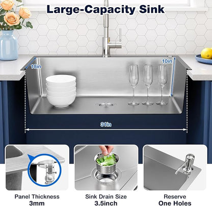 33x22 Inch Topmount or Drop In Kitchen Sink Worktation, Stainless Steel Single Bowl Sink with Drainpipe for RV, Prep Kitchen