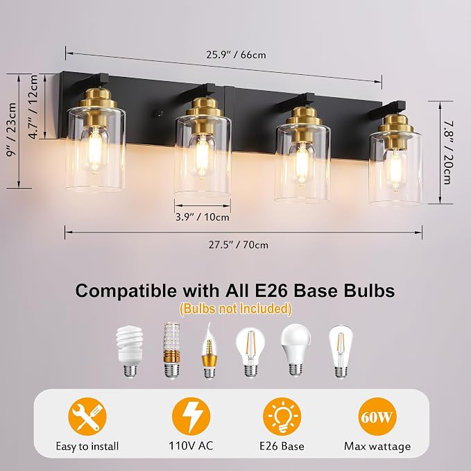 4-Light Black and Gold Bathroom Vanity Light, Clear Glass Shade | 27.5" Wall Mount Over Mirror Lighting Fixtures, Brushed Gold Finish, Durable Metal, Modern Farmhouse Style, for Bathroom