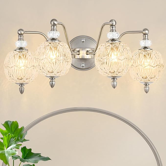 4-Light Brushed Nickel Bathroom Vanity Light, Modern Brushed Nickel Finish Wall Sconce with Globe Glass Shades, Modern Mirror Light for Bathroom, Powder Room