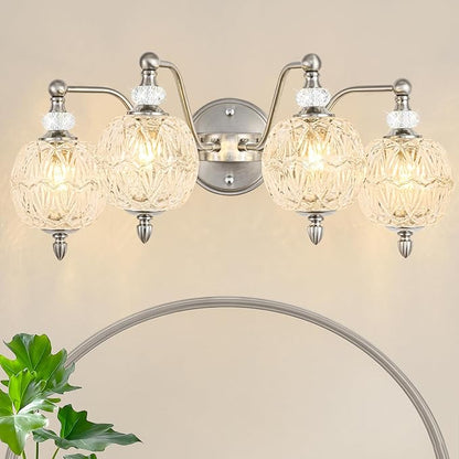 4-Light Brushed Nickel Bathroom Vanity Light, Modern Brushed Nickel Finish Wall Sconce with Globe Glass Shades, Modern Mirror Light for Bathroom, Powder Room