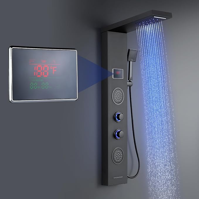 ROVATE 5-in-1 LED Rainfall Waterfall Shower Panel Tower System Matte Black | No Battery Needed Digital Temperature Display, Powerful Body Massage Jets, Flexible Handheld and Tub Spout, Blue LED Knob