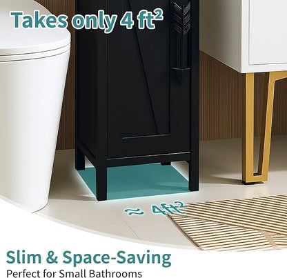 VECELO Small Bathroom Storage Cabinet, Slim Toilet Paper Holder with Shelves & Metal Racks, Organizer Cabinet for Narrow Spaces, Matte Black, Farmhouse Style