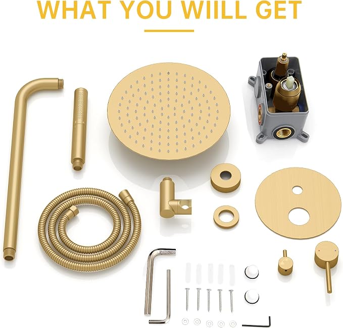 BESy Shower System with 10 Inch Round Rain Shower Head and Handheld Wall Mounted, High Pressure Rainfall Shower Faucet Fixture Combo Set with 2 in 1 Handheld Showerhead for Bathroom, Gold