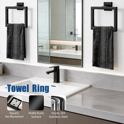Matte Black Bathroom Hardware Set 6-Piece, Stainless Steel Black Bathroom Accessories, 16" Towel Bar, Toilet Paper Holder with Shelf, 2 Towel Rings & 2 Heavy-Duty Hooks, Wall Mounted for Bathroom