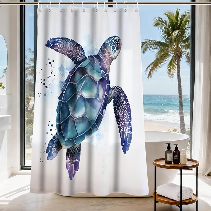 Funny Sea Turtle Shower Curtains Ocean Animal Cartoon Kids Theme Cloth Fabric Bathroom Decor Sets with Hooks Waterproof Washable 60W x 72H inches Teal Purple