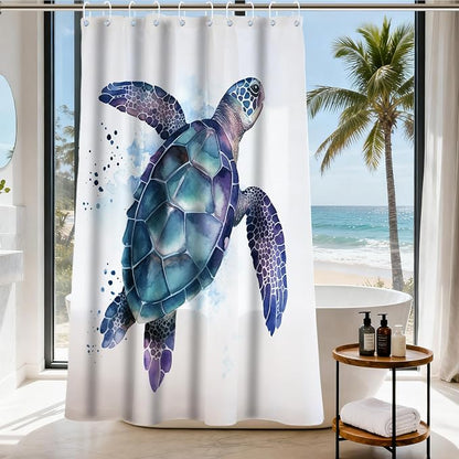 Funny Sea Turtle Shower Curtains Ocean Animal Cartoon Kids Theme Cloth Fabric Bathroom Decor Sets with Hooks Waterproof Washable 60W x 72H inches Teal Purple
