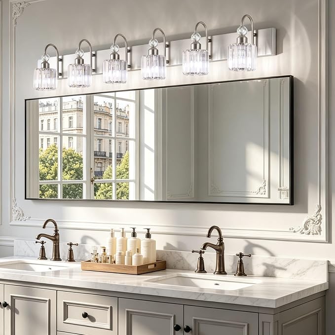 Ralbay Crystal Brushed Nickel Vanity Light for Bathroom 6 Light Modern Bathroom Lighting Fixtures Over Mirror