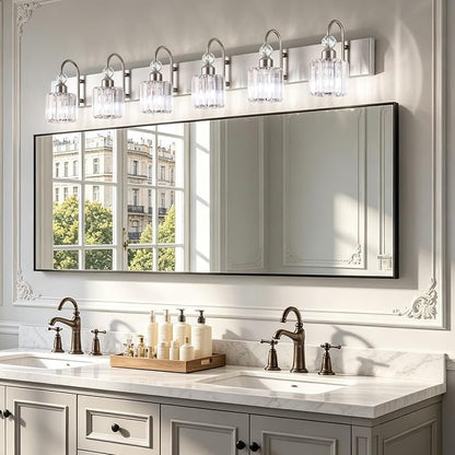 Ralbay Crystal Brushed Nickel Vanity Light for Bathroom 6 Light Modern Bathroom Lighting Fixtures Over Mirror