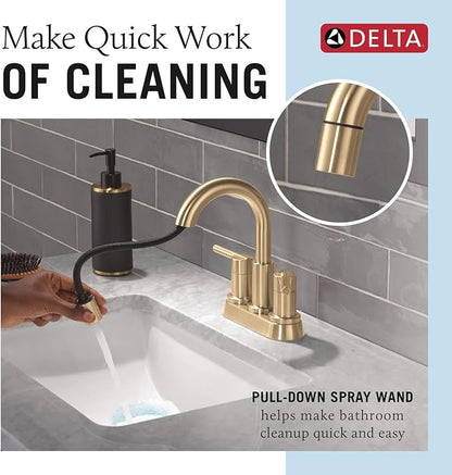 Delta Nicoli Centerset Brushed Gold Bathroom Faucet with Sprayer, 4 Inch 3 Hole Bathroom Sink Faucet with Pull Out Sprayer, Push-Pop Drain, Champagne Bronze 25749LF-CZPD