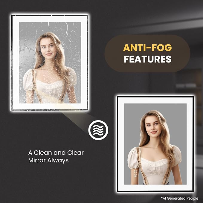 LOAAO 24"X30" LED Bathroom Mirror Black Framed | Anti-Fog, Dimmable, Memory Function, Tempered Glass, Lighted Vanity Mirror for Wall