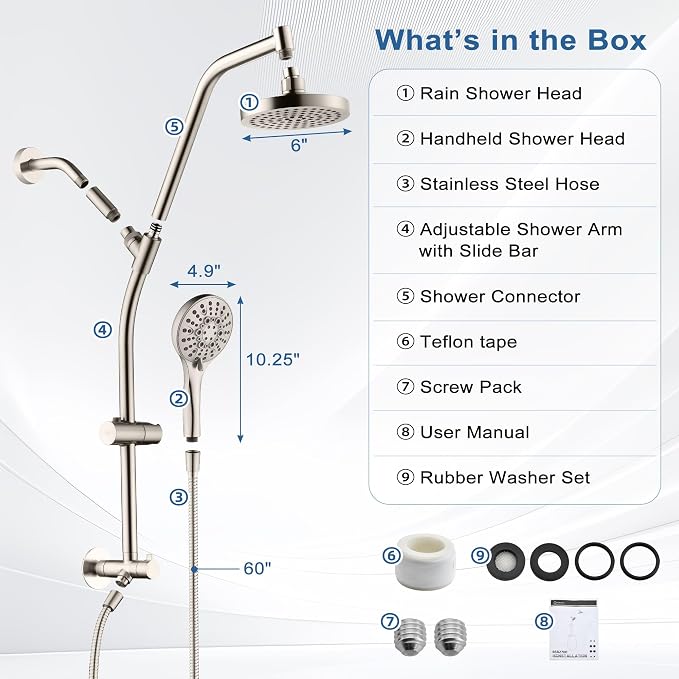 BRIGHT SHOWERS Rain Shower Head with Handheld Combo, Dual Shower System with Slide Bar, Rain Shower System, Adjustable Height, Brass Slide Bar & Diverter, 60 Inch Stainless Steel Hose, Brushed Nickel