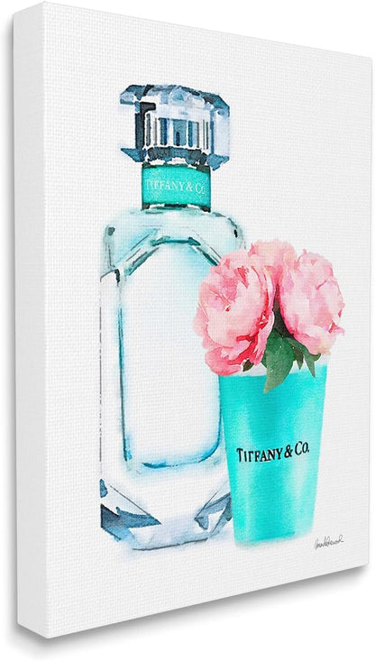 The Stupell Home Décor Collection Teal Blue Perfume Bottle and Pink Peonies Stretched Canvas Wall Art, Multi-Color, 24 x 30, Gallery Wrapped Canvas | Stupell Industries · By Amanda Greenwood · Ready to hang · Chic gift for home decor · Made in USA