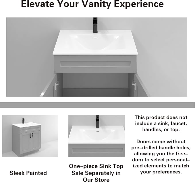 36" Light Grey Shaker Bathroom Vanity Base – Ready-to-Assemble Sink Cabinet, Freestanding Bathroom Vanity Base Only, No Top or Sink