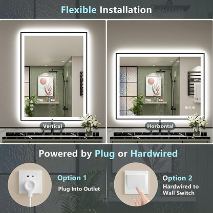 48x30 Black LED Bathroom Mirror, Backlit & Front Lit Lighted Mirror | Metal Framed Anti-Fog Vanity Mirror with Lights, 3 Color Dimmable, Memory, Tempered Glass, CRI95, IP54, Horizontal/Vertical