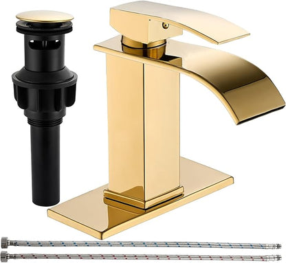 sagetta Waterfall Bathroom Sink Faucet Single Hole Faucet with Three Hole Cover Deck Plate, Pop up Drain and Water Hoses Stainless Steel Vanity Gold Color