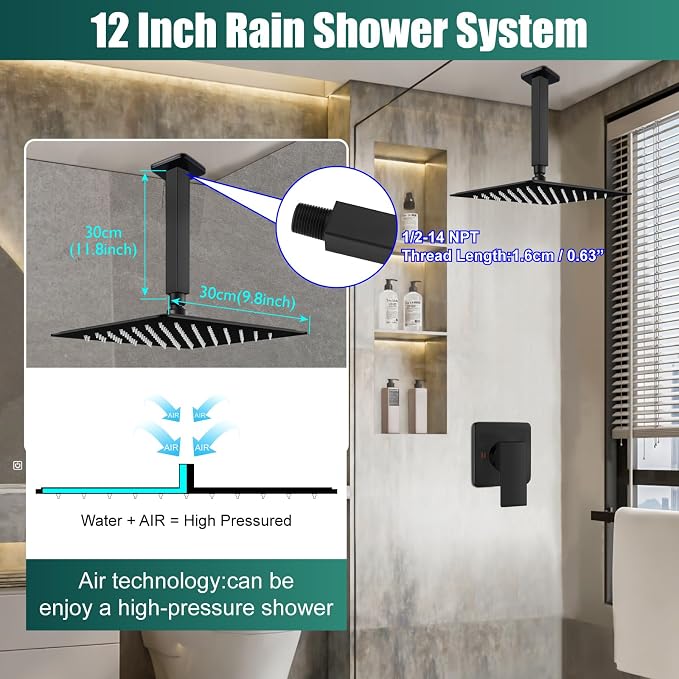 Heyalan 12-Inch Ceiling Mount Shower Faucet Set with Valve, Matte Black | Rainfall shower head, ceiling-mount design, SUS304 steel, adjustable angle, single-handle control