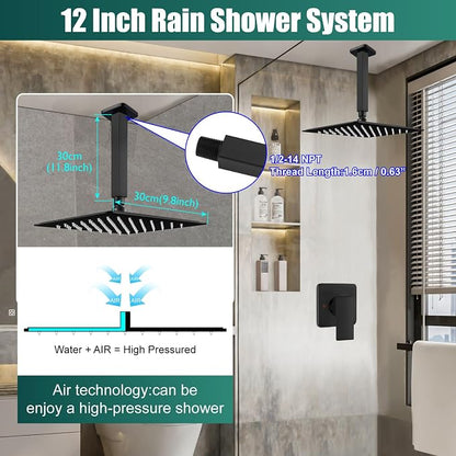 Heyalan 12-Inch Ceiling Mount Shower Faucet Set with Valve, Matte Black | Rainfall shower head, ceiling-mount design, SUS304 steel, adjustable angle, single-handle control