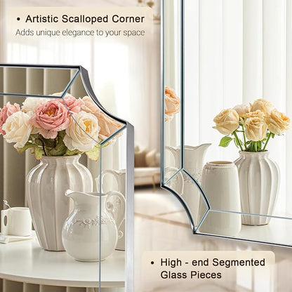 30x36 Inch Brushed Nickel Bathroom Mirror, Scalloped Mirror for Bathroom, Modern Silver Mirror with Elegant Curved Scallop Design, Anti-Rust Stainless Steel Frame, Ideal for Home Remodel