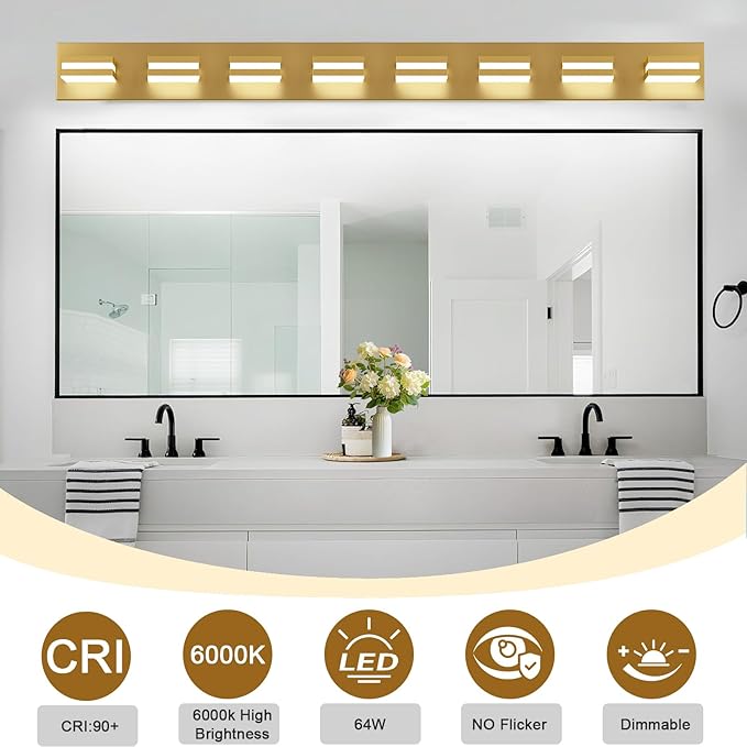 IZORRO LED Modern Bathroom Lights Fixtures(8-Light,Dimmable),Gold Acrylic Wall Lighting,Vanity Lights for Bathroom Over Mirror - 6000k 46In （No Assembly Required）
