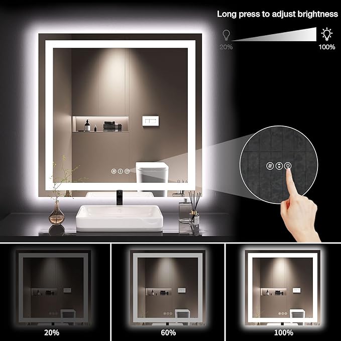 LOAAO 36"X36" LED Bathroom Mirror with Lights, UL Listed | Anti-Fog, Dimmable, 3 Color Temperature, Backlit + Front Lit, Memory Function, Tempered Glass