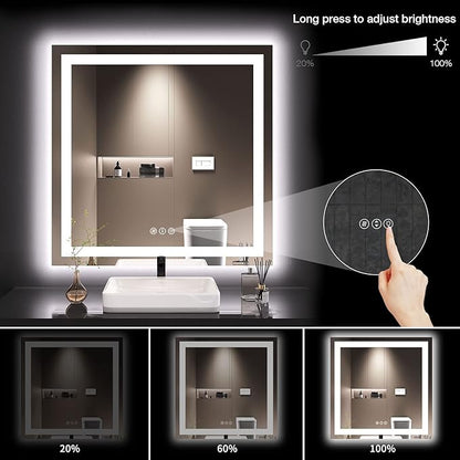 LOAAO 36"X36" LED Bathroom Mirror with Lights, UL Listed | Anti-Fog, Dimmable, 3 Color Temperature, Backlit + Front Lit, Memory Function, Tempered Glass