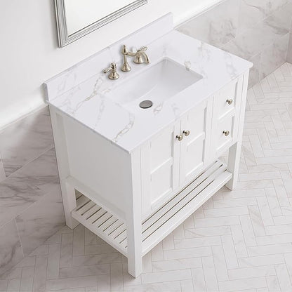 36x22 Vanity Top with Sink, Golden Calacatta Quartz Countertop with Middle Undermount Sink & Backsplash,8in. Faucet Hole Spacing Bathroom Vanity Sink Top