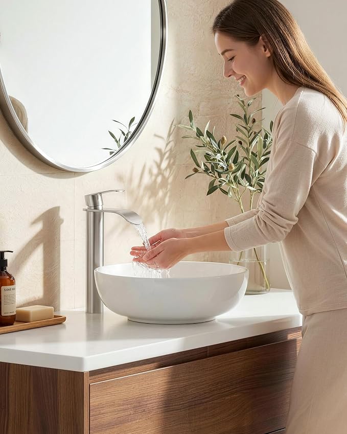 Vessel Sink Faucet Brushed Nickel for Bathroom：WOWOW Single Handle Tall Bathroom Faucet - Waterfall Single Hole Mixer Bar Tap with Large Rectangular Spout, Deck Mount Lavatory Vanity with Pop Up Drain