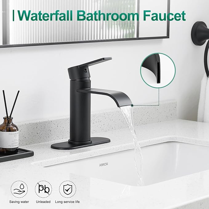 VOTON Black Bathroom Faucets, Single Handle Bathroom Sink Faucet Modern Waterfall Bathroom Faucet 1 or 3 Holes with Deck Plate, Rv Camper Farmhouse Bathroom Utility Remodel Mixer Tap Washbasin Faucet